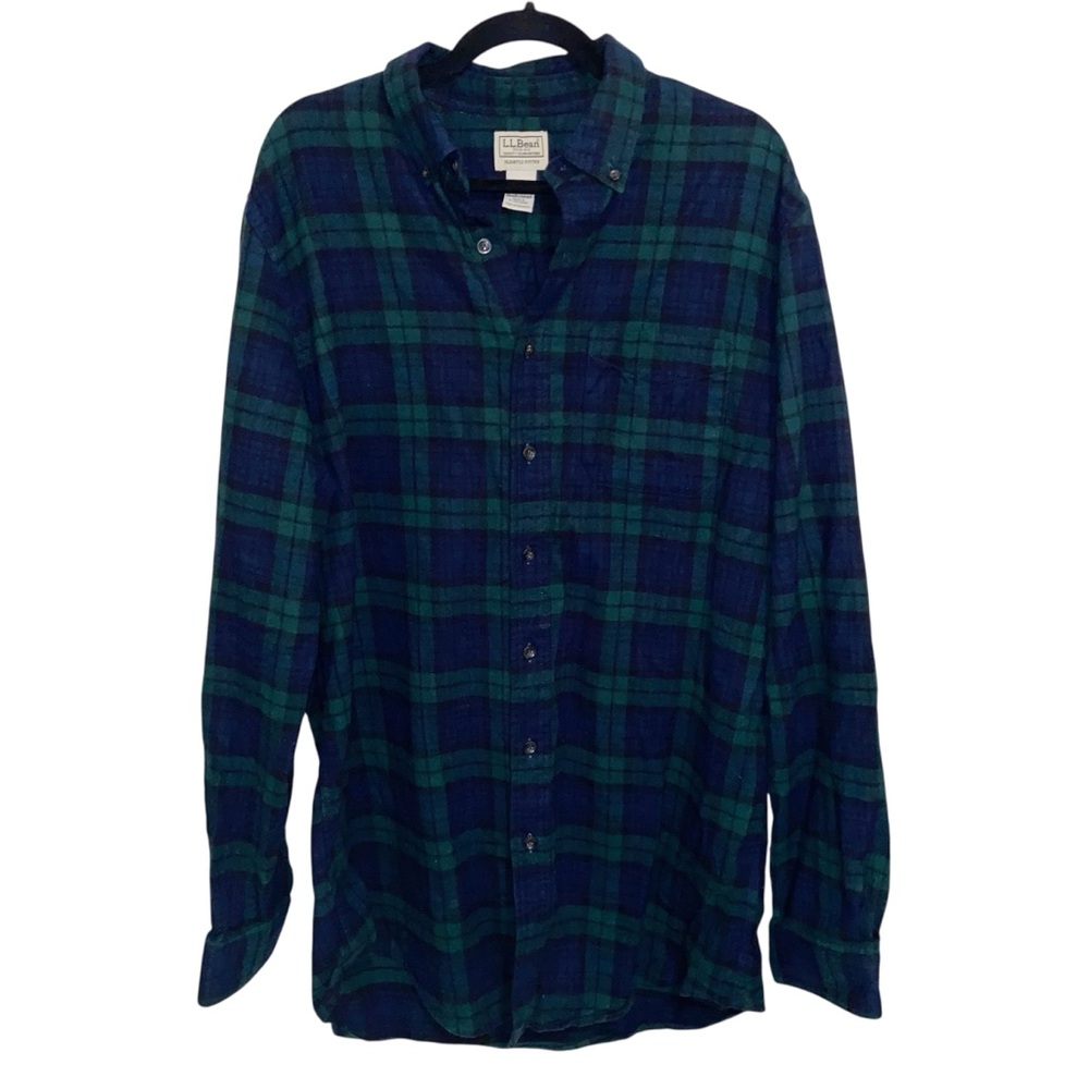 LL Bean Shirt Mens Large Tall LT Blue Flannel Outdoor Blackwatch Plaid Tartan
